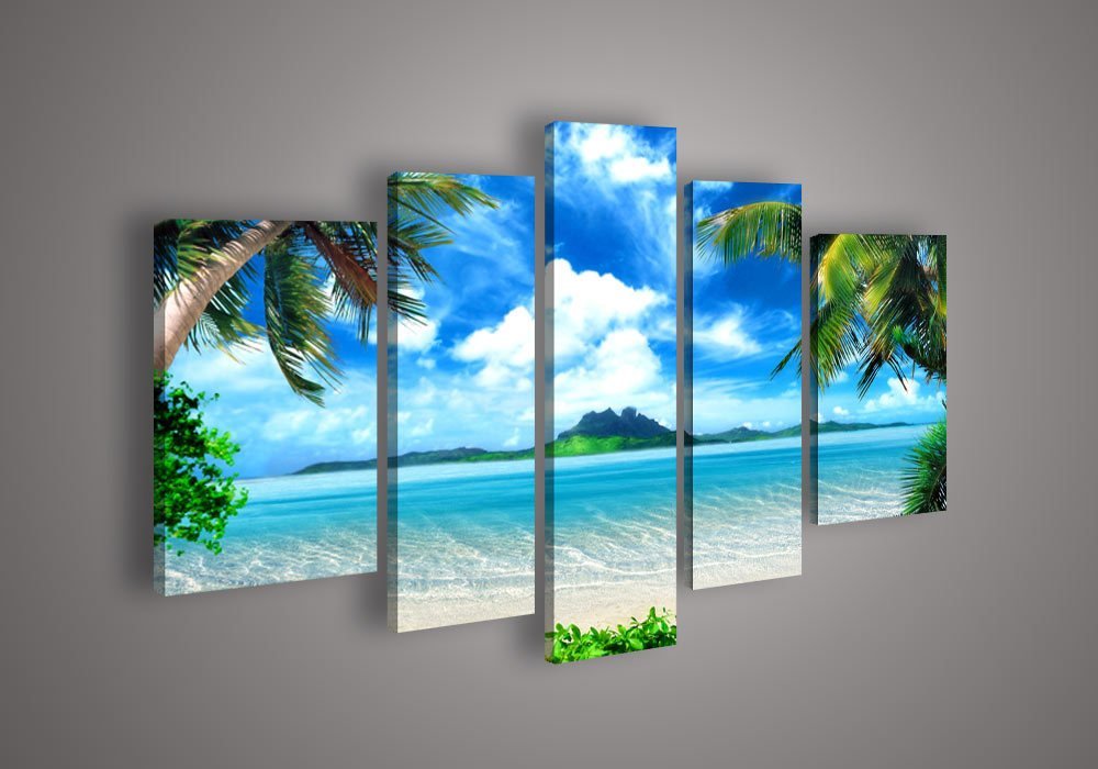 [Medium] Premium Quality Canvas Printed Wall Art Poster 5 Pieces / 5 Pannel Wall Decor Azure Sky Ocean Painting, Home Decor Pictures - With Wooden Frame