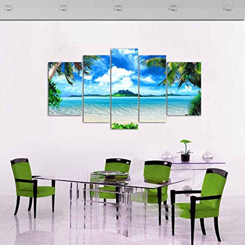 [Medium] Premium Quality Canvas Printed Wall Art Poster 5 Pieces / 5 Pannel Wall Decor Azure Sky Ocean Painting, Home Decor Pictures - With Wooden Frame