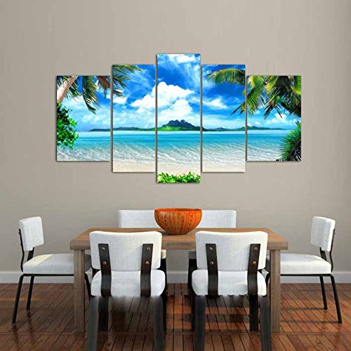 [Medium] Premium Quality Canvas Printed Wall Art Poster 5 Pieces / 5 Pannel Wall Decor Azure Sky Ocean Painting, Home Decor Pictures - With Wooden Frame