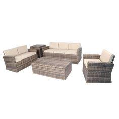 Baner Garden A163 5 Piece Outdoor Full Sofa Coffee and Side Table Rattan Pool Patio Garden Set with Cushions, Mixed Gray-Long Mountains