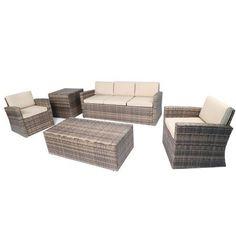 Baner Garden A164 5 Piece Outdoor Full Sofa Coffee and Side Table Rattan Pool Patio Garden Set with Cushions, Mixed Gray-Long Mountains