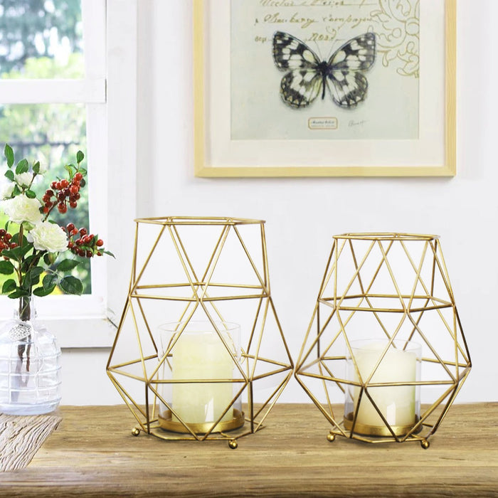 Magari Furniture Geometric Candleholder, Set of 2, Rustic Gold, 2 Piece-Long Mountains