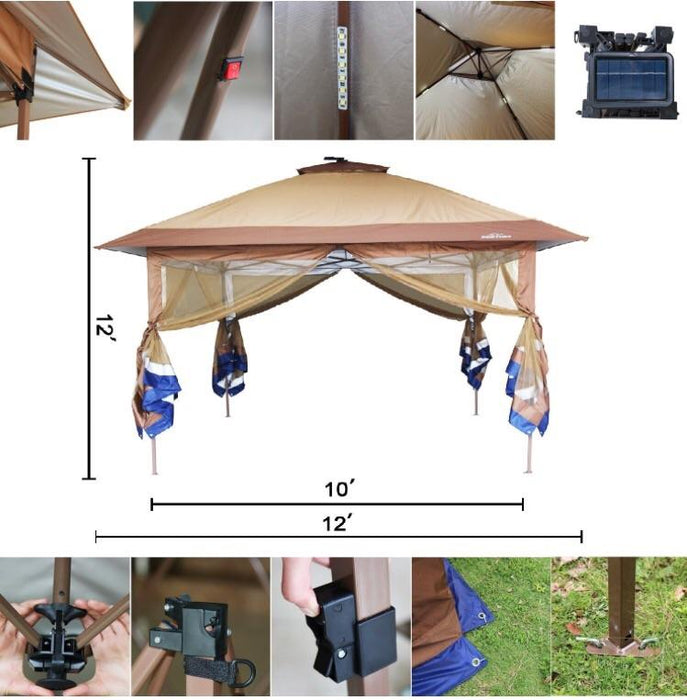 Suntime ST-1 Fully Enclosed Canopy Instant Popup Gazebo with Solar Powered LED Lights and Mesh Insect Screen, Portable-Long Mountains